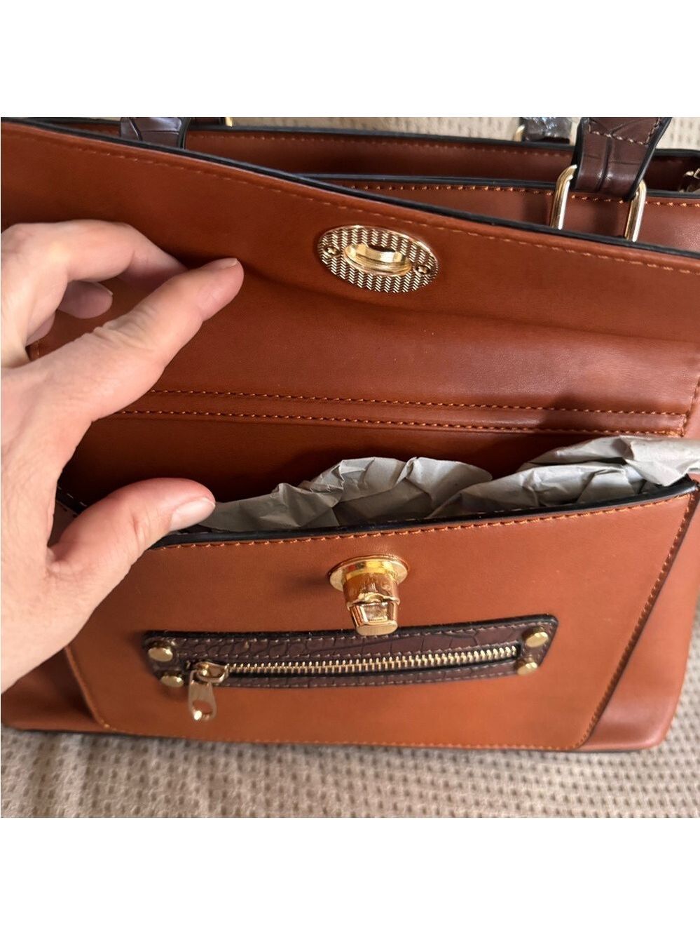 Brown Croc-Embossed Accent Structured Tote Handbag - Picture 3 of 12